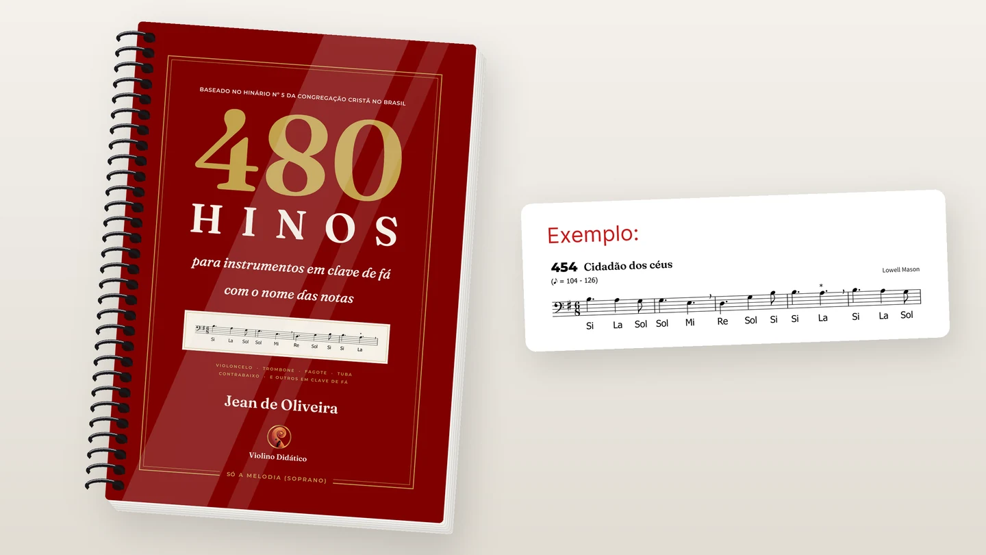 A apostila de espiral dos 480 hinos para instrumentos em clave de Fá, com o nome das notas, e ao lado um exemplo: o hino 454, Cidadão dos céus, com o nome de cada nota embaixo dela